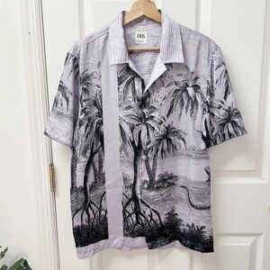 Zara Mens Tropical Print Satin Short Sleeve Shirt in Purple